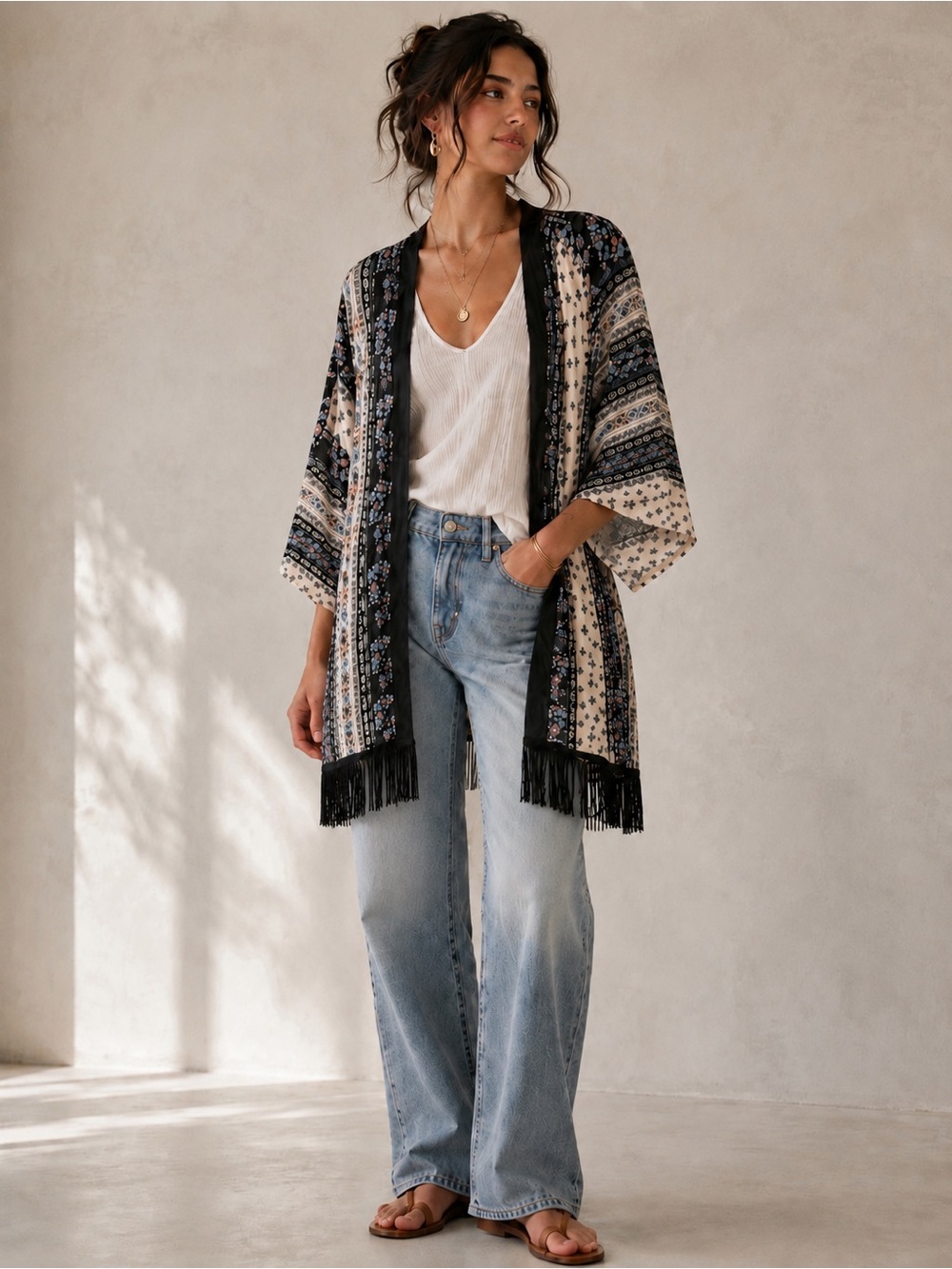 Sweet Rain Black and Cream Floral Fringe Kimono